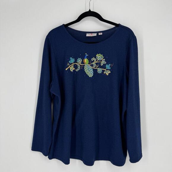 Quacker factory top 1x navy blue peacock sweater sequin casual plus long sleeve - Picture 1 of 6